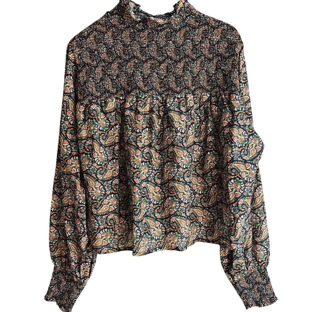 Saccharine Mock‎ Turtleneck Silk Blend Blouse Smocking Size L Paisley Floral